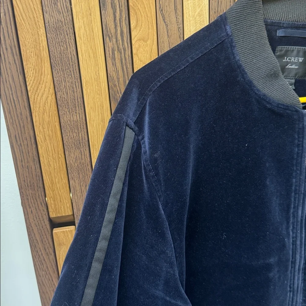 J. Crew Ludlow Navy Velvet Bomber Jacket with Tuxedo Stripe, size L
